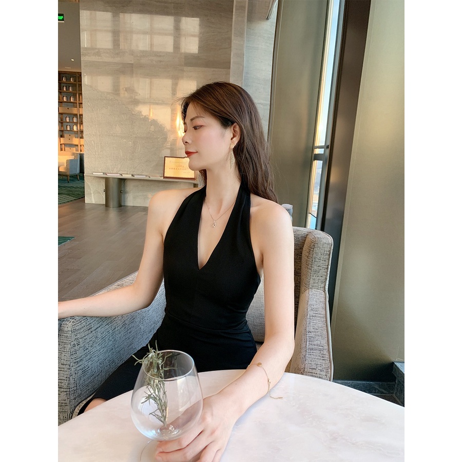 ZYHT Đầm Dây Cổ Chữ V Màu Đen Quyến Rũ Thời Trang Cho Nữ 4166