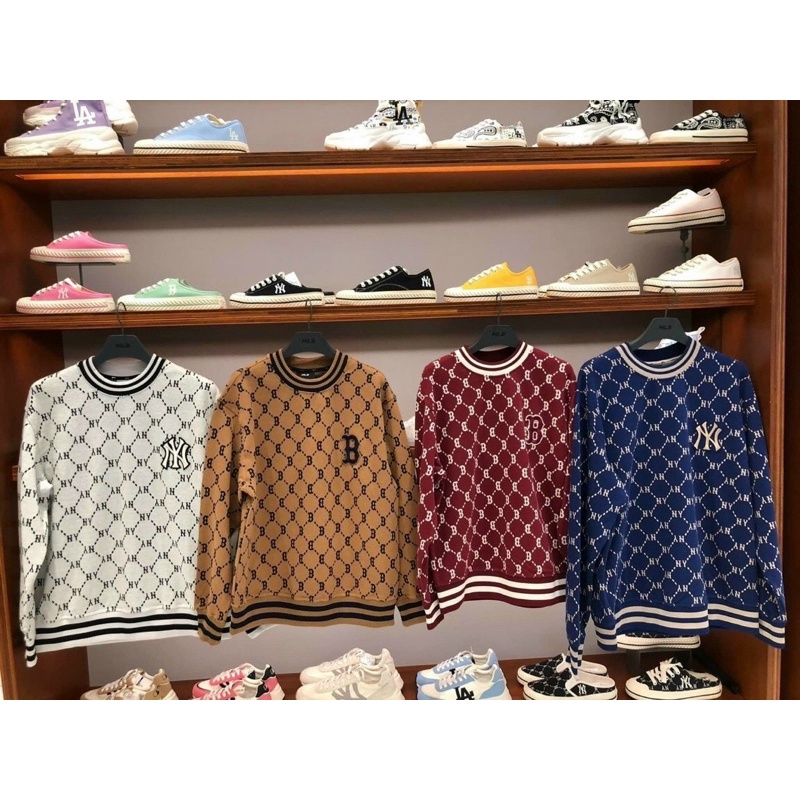 Áo nỉ sweater NY MLB diamond monogram thêu tay dài cổ tròn