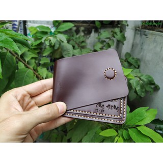 Ví bóp mini, ví da khắc tên, màu đỏ rượu