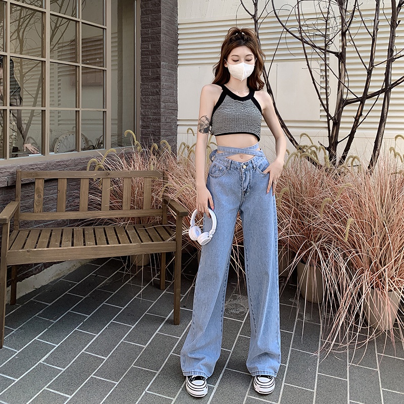【ZHELIHANGFEI】Quần Jean Ống Rộng Lưng Cao Cá Tính Trẻ Trung