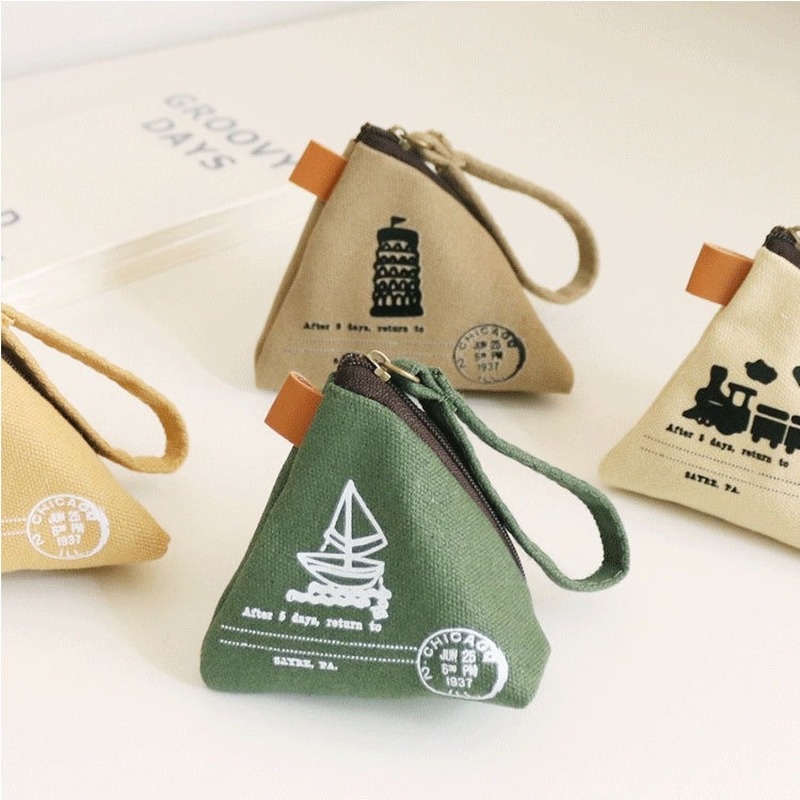Ví Đựng Tiền Xu Hình Tam Giác Bằng Vải Canvas Phong Cách Retro