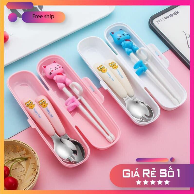 [Bán giá Rẻ] Set thìa dĩa đũa tập ăn inox 304 hình mèo dễ thương cho bé, sét thìa đũa ăn dặm cho bé