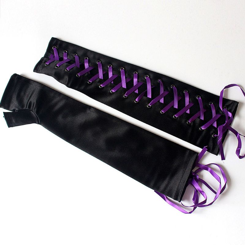 Găng tay dài hở ngón phối dây ruy băng đan chéo phong cách gothic quyến rũ cho nữ