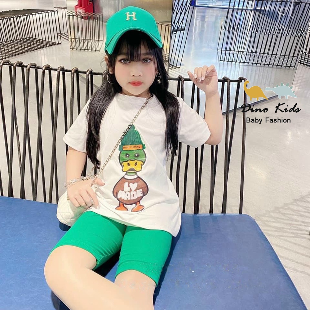 Bộ cộc tay bé gái, bộ áo hình chú vịt xanh dáng thụng kèm quần legging cho bé