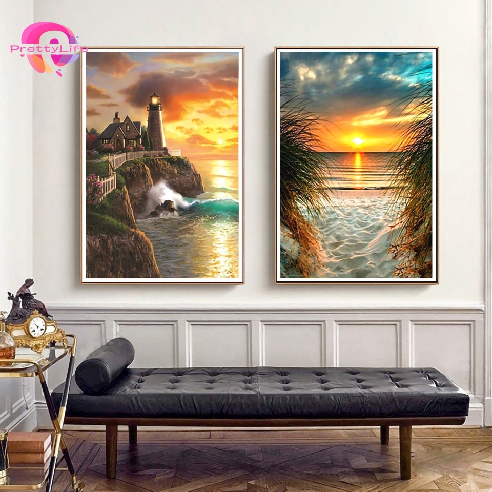 Bộ tranh đính đá 5D họa tiết phong cảnh hoàng hôn/ phong cảnh độc đáo kích thước 30x40cm DIY