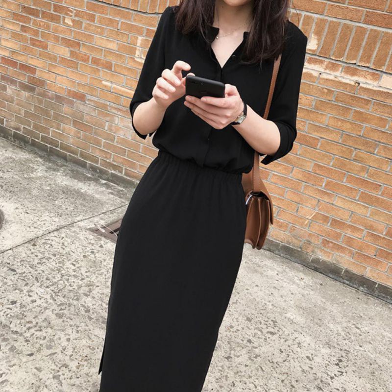 Đầm nữ tay lỡ cổ chữ V màu trơn xẻ tà thanh lịch | BigBuy360 - bigbuy360.vn