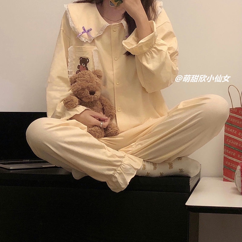 Bộ Đồ Ngủ Tay Dài In Hình Gấu Hoạt Hình Dễ Thương Phong Cách Hàn Quốc Thời Trang Mùa Thu Cho Nữ