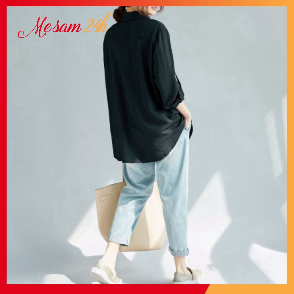 Áo sơ mi nữ dài tay form rộng, sơ mi đũi Mẹ Sam 24h, chất liệu mềm mát, size từ 40 đến 85kg SMH.47