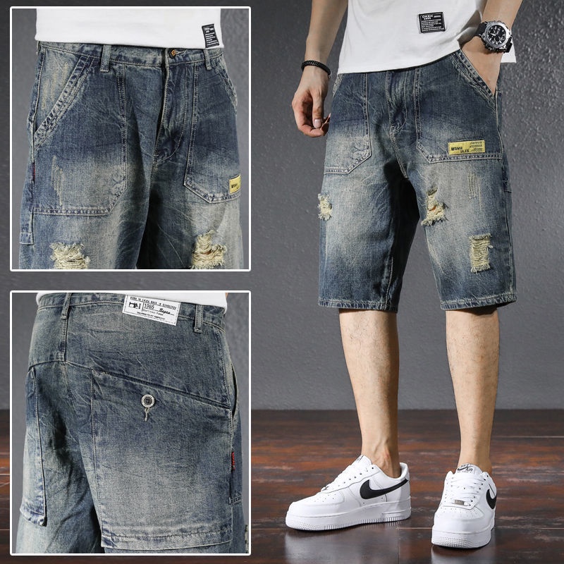 Quần Short Denim Ống Rộng Rách Gối Thời Trang Cho Nam