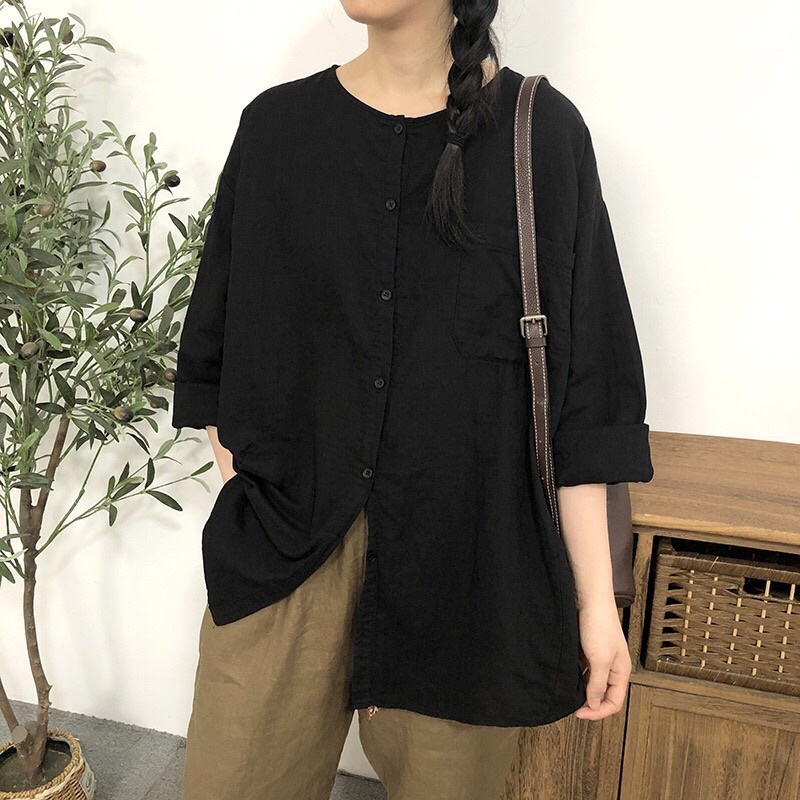 Thô xô dài tay cổ trong vintage dáng tối giản nhẹ nhàng mặc đi học đi làm đi chơi