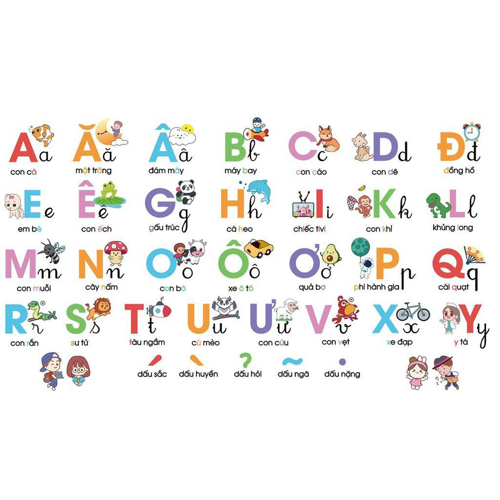 Tranh dán tường, decal dán tường bảng chữ cái tiếng việt, tiếng anh cho bé học bảng chữ cái