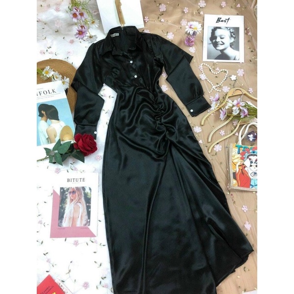 Đầm maxi sơmi phi nhíu eo dài tay 2 màu