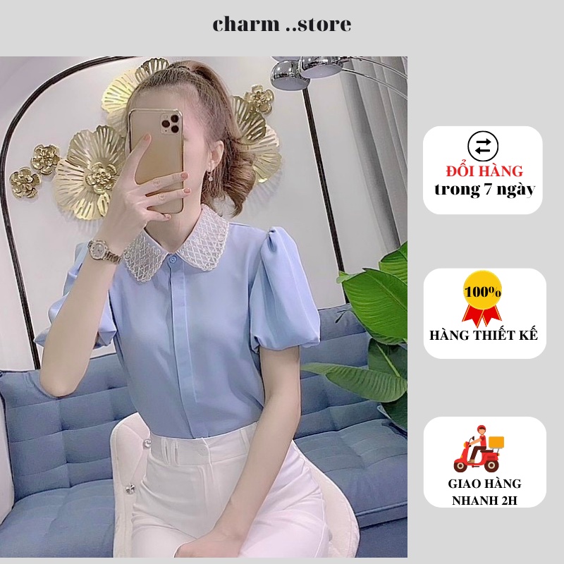 áo sơ mi tay bồng cổ đá - thời trang công sở dạo phố chất liệu lụa hàn mềm mịn mặc mát