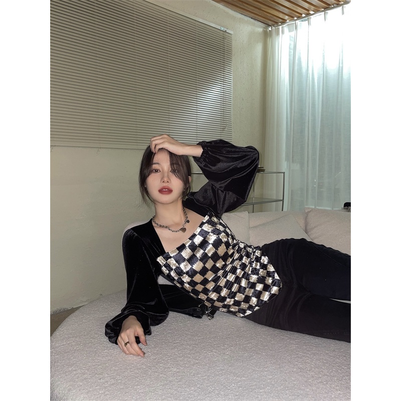 Áo kiểu tay phồng dài cổ vuông họa tiết sọc caro thời trang Hàn Quốc