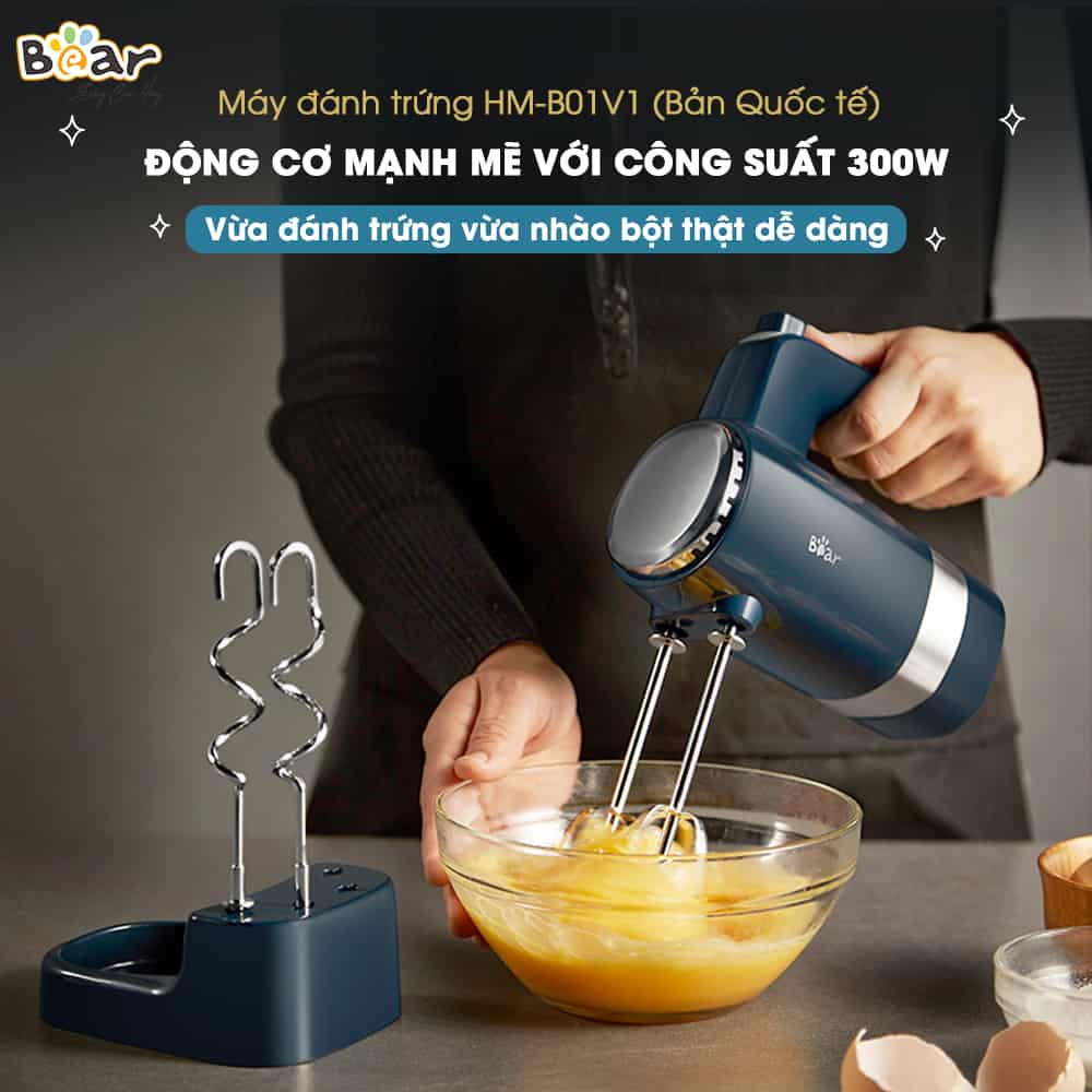 Máy đánh trứng cầm tay Bear  công suất mạnh mẽ 300W, 4 đầu khuấy inox 304, 10 cấp độ-Bảo hành 12 tháng