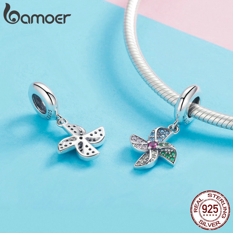 Mặt trang sức Bamoer SCC971 bằng bạc 921 hình chong chóng gió nhiều màu sắc dùng làm trang sức DIY