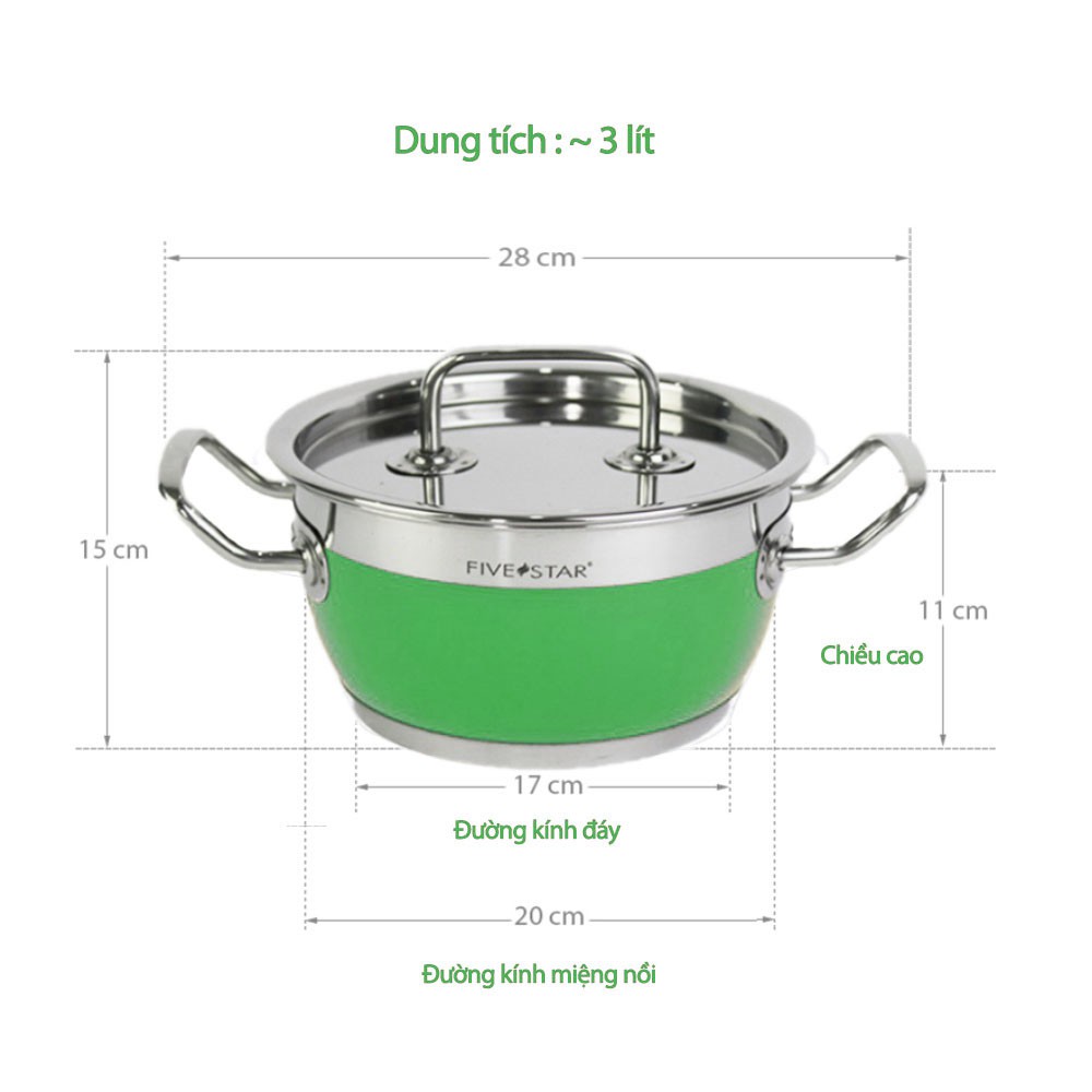 Nồi inox 430 FIVESTAR 3 đáy quai vuông màu xanh lá - Lá FSB3025 - Hàng Chính Hãng, Bảo Hành 5 năm 16/20/24cm