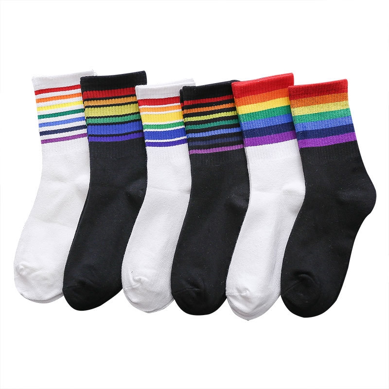 Rainbow Striped Girls' Crew Socks Korean Style Autumn Cotton Sweet Colorful High Quality Women Novelty Casual Black Ankle Socks