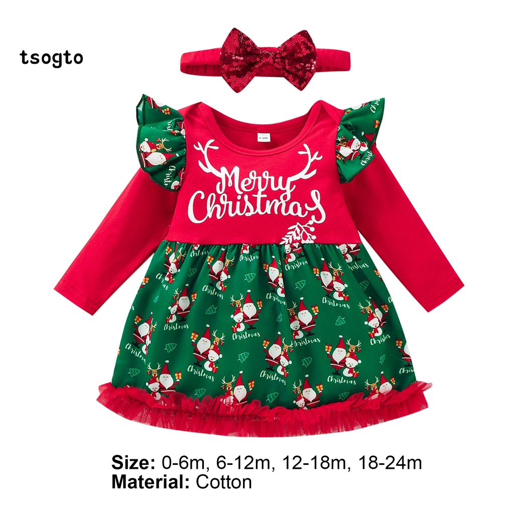 Đầm cotton tay dài in họa tiết ông già noel kèm băng đô xinh xắn cho bé gái