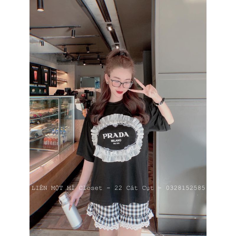 Set đùi quần caro kèm áo thun in chữ Pra.da (kèm ảnh thật)