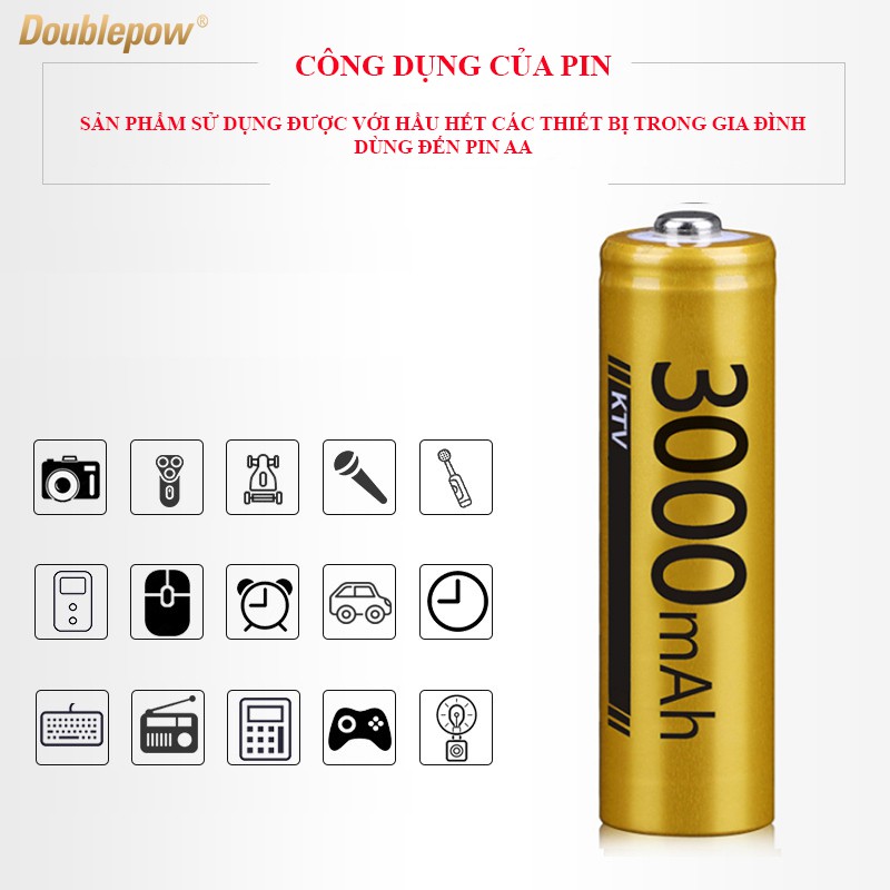 [Hàng chuẩn] Hộp 4 viên Pin AA sạc lại Doublpow dung lượng 3000mAh (vàng) - dành cho Micro Karaoke