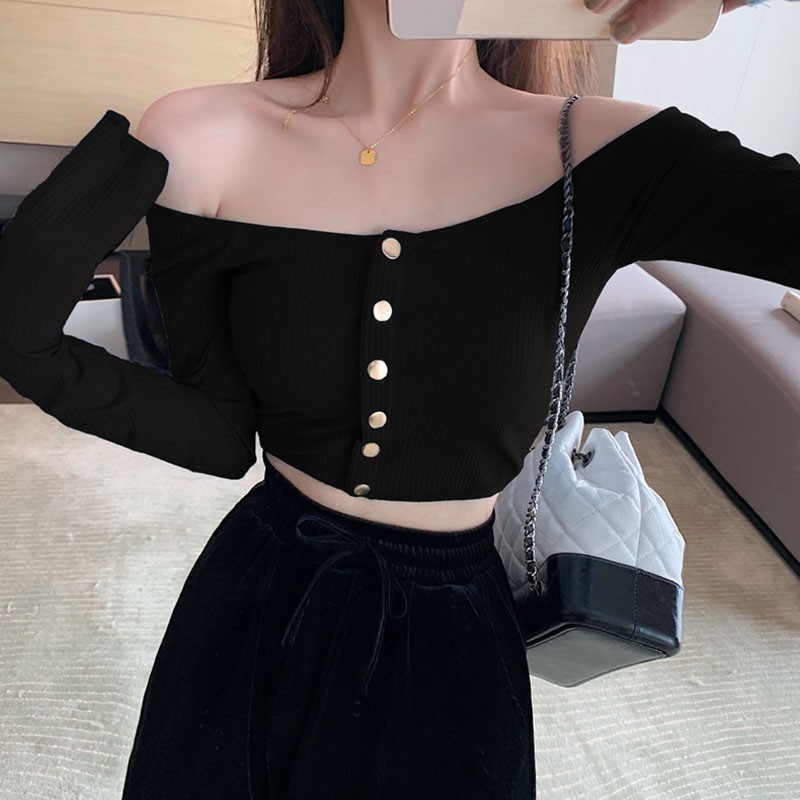 Áo croptop tay dài hở vai màu trơn trang trí nút thời trang cho nữ