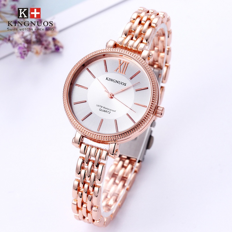 Đồng hồ nữ FREESHIP Kingnuos, dây kim loại, mặt tròn, kim dạ quang, đẹp, sang trọng
