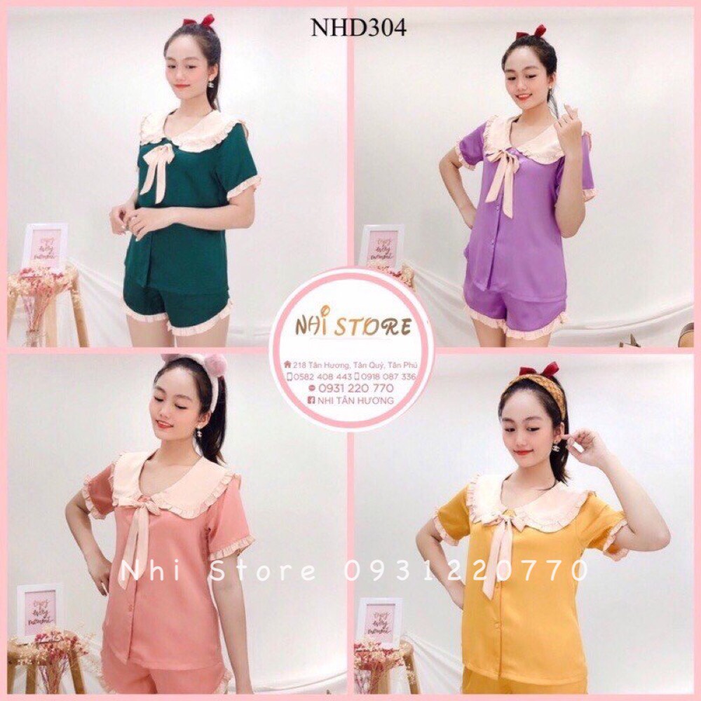 [FREESHIP 50K] Bộ lụa Pijama NHISTORE Bộ Quần Ngắn Tay Ngăn Cổ Phối Bèo Nơ Dễ Thương Freesize 45-58kg