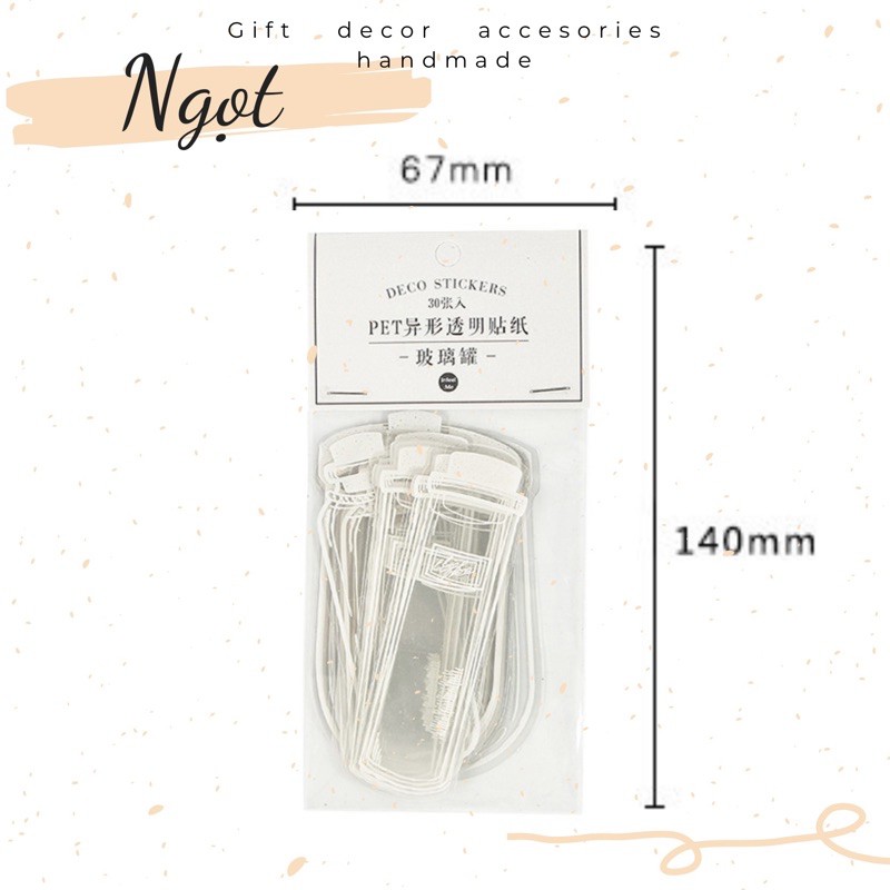 Túi 30 Sticker hình Chai Lọ Thuỷ Tinh Trong Suốt Trang Trí