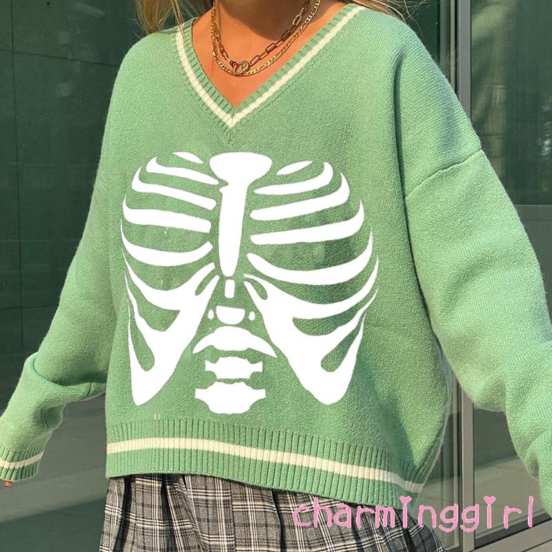 Áo Sweater Dệt Kim Tay Dài Cổ Chữ V In Hình Bộ Xương Màu Sắc Cho Nữ
