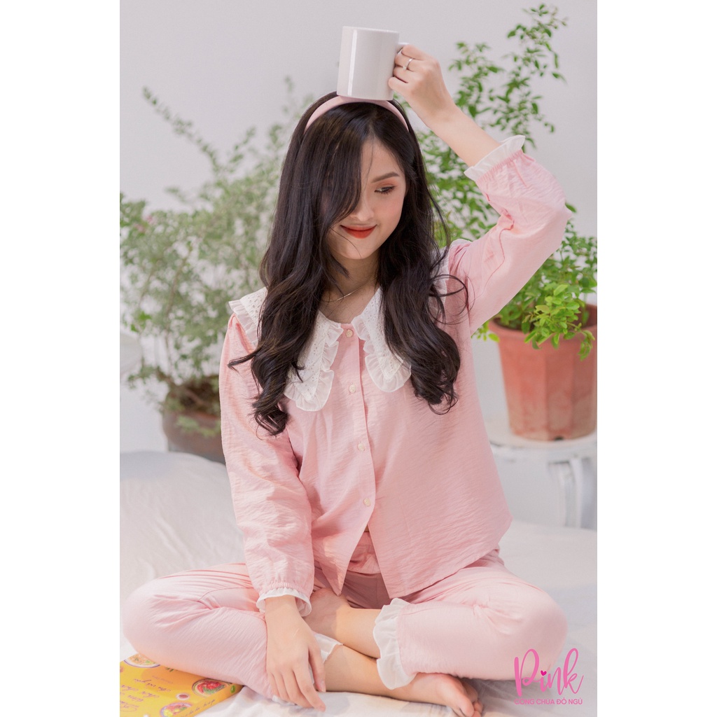 Bộ Ngủ Pijama Hồng Tay Dài Quần Dài Trẻ Trung Vải Đũi Siêu Cấp  Đồ Ngủ Nữ Dễ Thương Nữ Tính Thời Trang