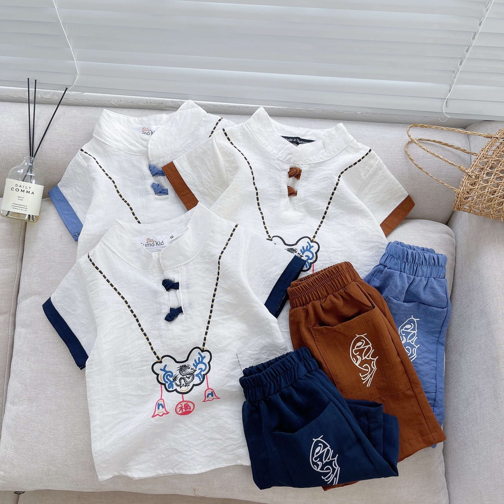 Quần áo bé trai, đồ bộ hè cộc tay cho bé in vòng cổ chất đũi cao cấp - SUMO KIDS