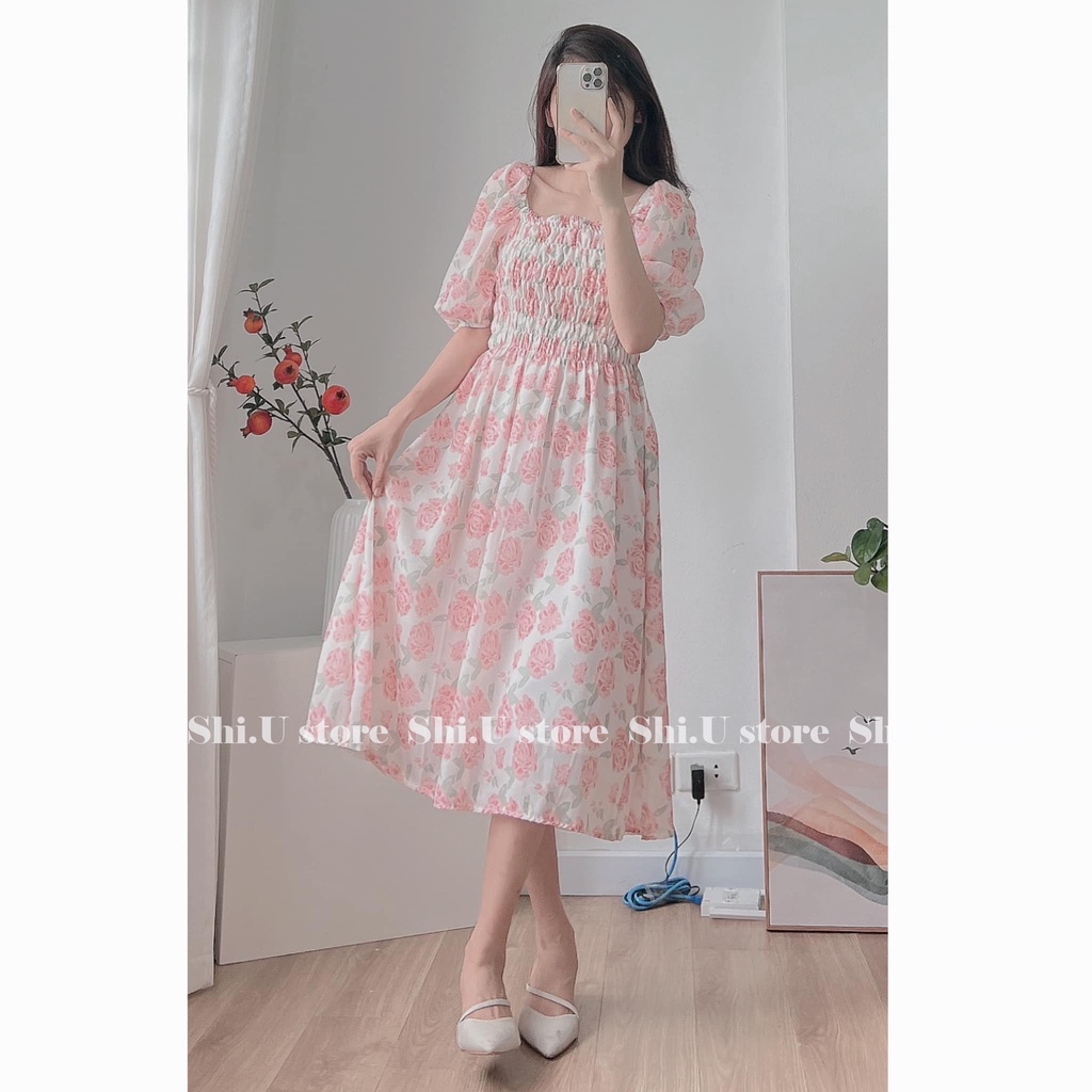 Váy hoa hồng cổ vuông tay bồng chun ngực dáng dài đầm hoa nhí voan tơ 2 lớp mặc được 2 kiểu ulzzang