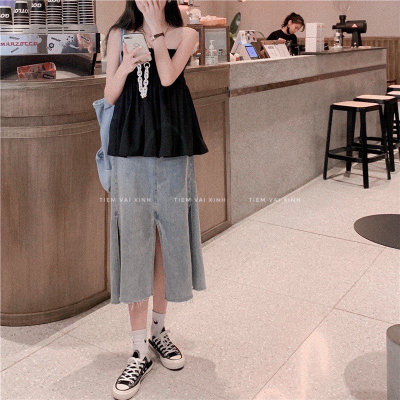 Áo Babydoll [Tiệm Vải Xinh] Áo Croptop Babydoll Quây Ngực Bo Chun Màu Đen