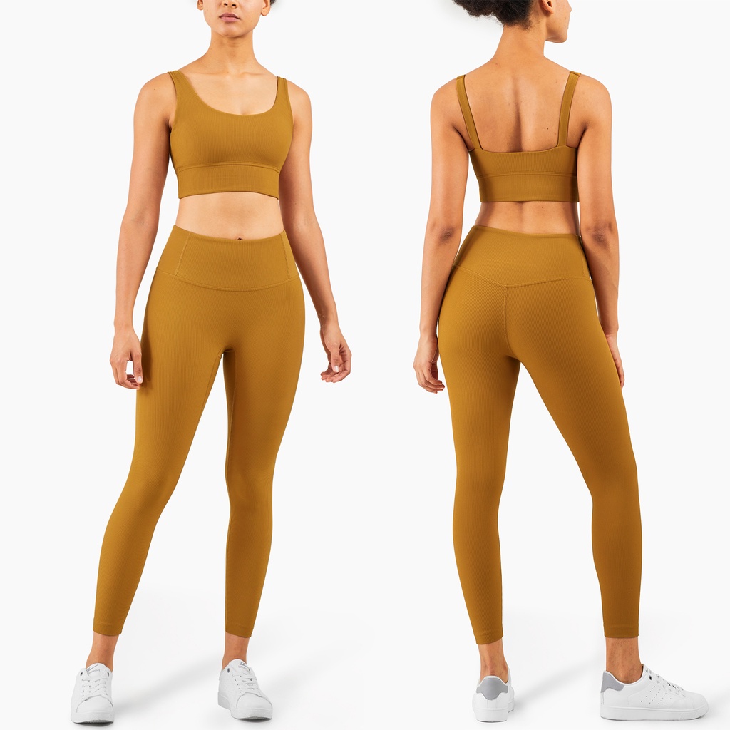 Set trang phục thể thao HOPPE FUMENG áo ngực hai dây và quần legging dài có sọc thời trang dành cho nữ