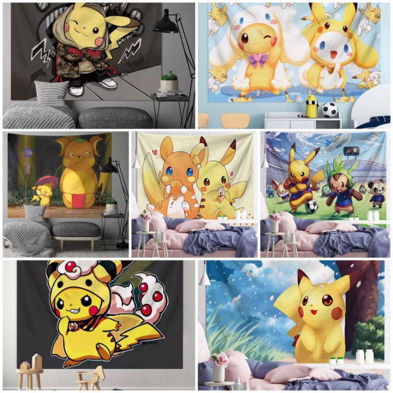 Vải treo tường Decor trang trí phòng hình POKEMON (150x130cm, TẶNG móc treo)