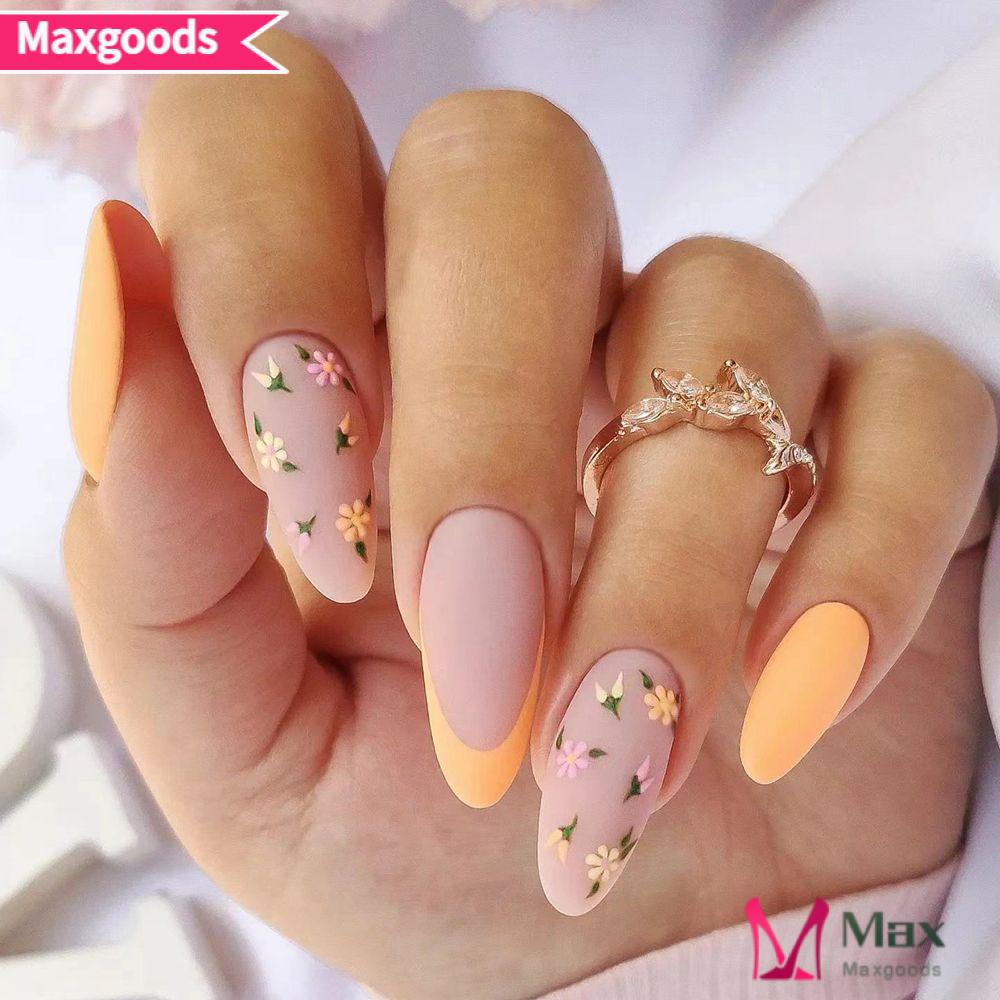 MAX=&gt; 24pcs/Box Press On Nails Wearable Detachable Nail Tips Flower Almond False Nails Artificial Women Fashion Manicure Tool Full Cover French Fake Nails