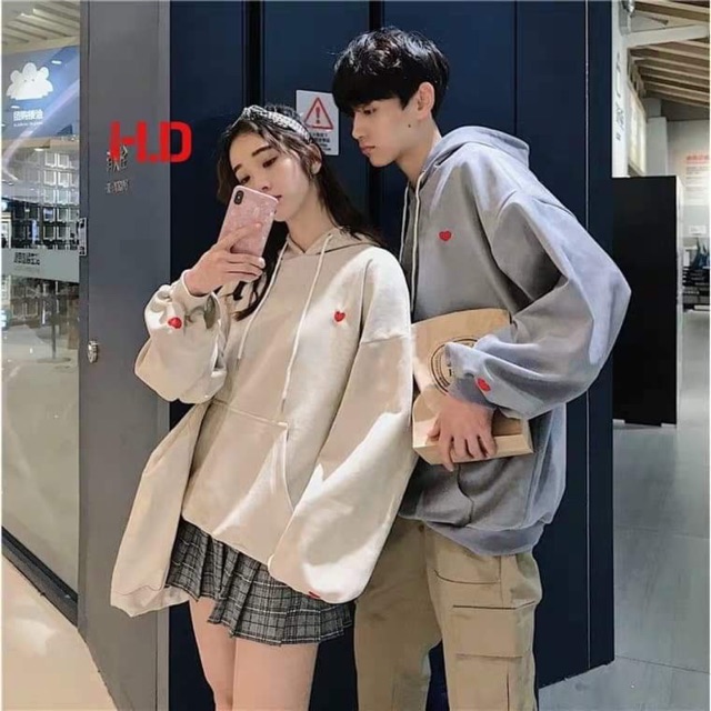 Áo hoodie đôi tim nhỏ in ngực tay HDA0919