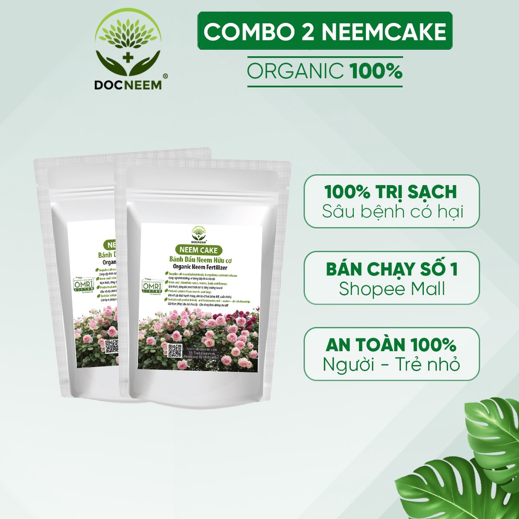 Combo Neem cake DOCNEEM trị sùng đất, cuốn chiếu, ốc sên, phân bón kích rễ hoa hồng, cây cảnh túi 2kg