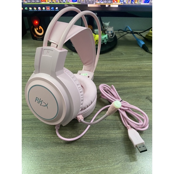 Tai nghe chụp tai, tai nghe gaming RKX kèm mic có đèn led dễ thương. màu hồng chân usb 7.1
