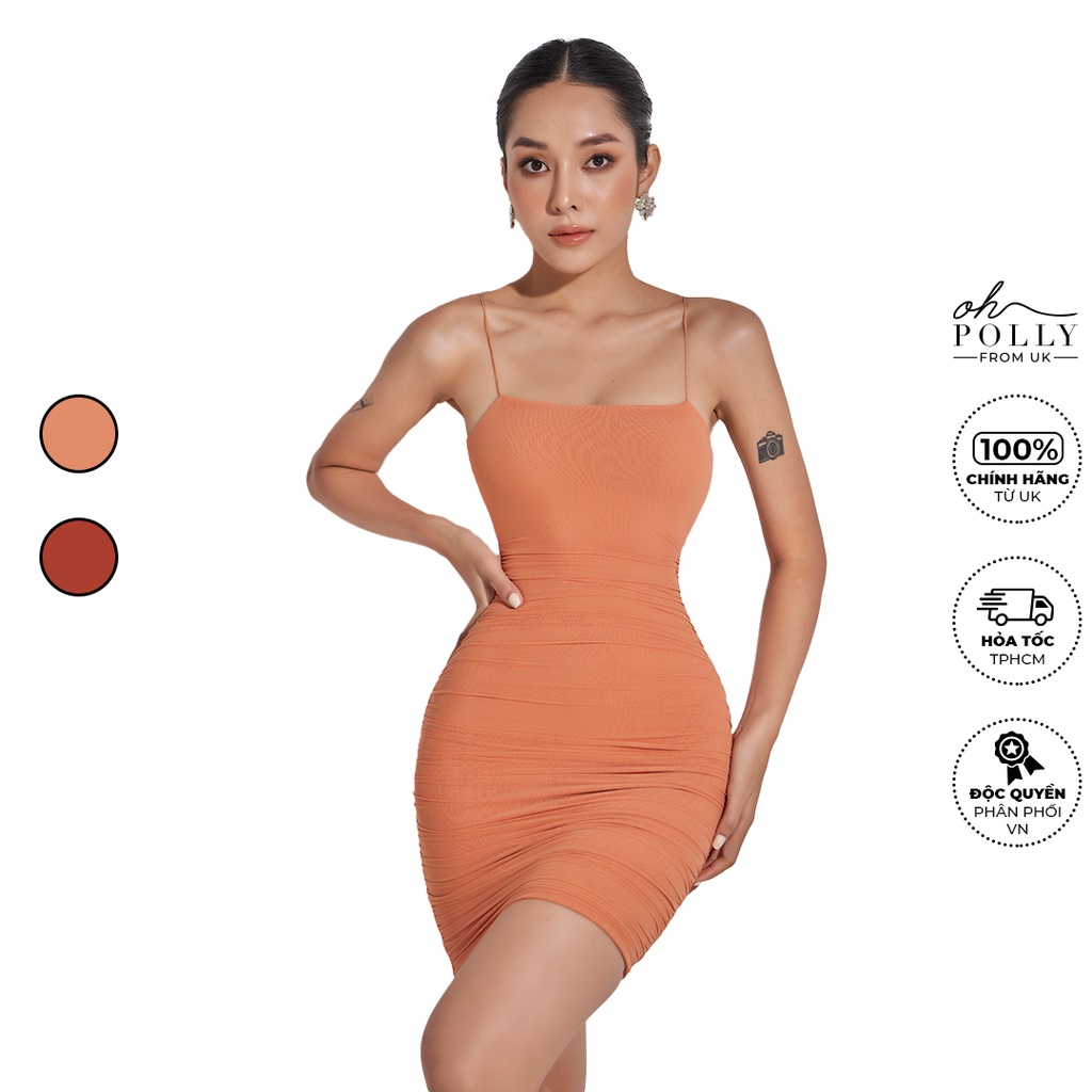 Oh Polly - Đầm nữ dự tiệc 2 dây hở lưng cúp ngực, vải hai lớp phối lưới co giãn chéo dây sau lưng sexy
