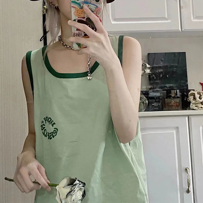 Jiashucheng Áo Thun Không Tay Dáng Rộng Dài Vừa Phải Phong Cách Retro Mỹ Ngọt Ngào Mùa Hè Dành Cho Bạn Nữ