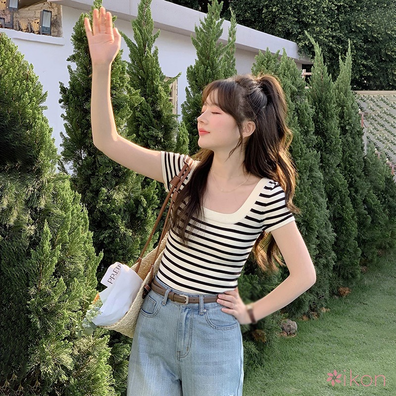 Áo Thun Dệt Kim Kẻ Sọc Dáng Ôm Thời Trang Cho Nữ