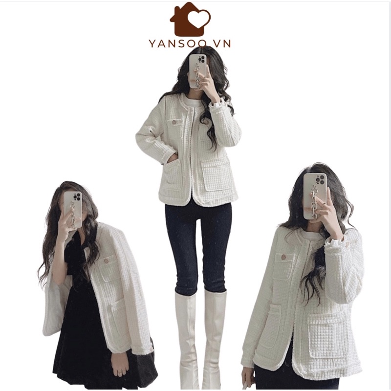 (hàng sẵn)Áo dạ Tweed tay dài hai túi trước , áo khoác dạ tiểu thư hàng Quảng Châu dày dặn phong cách Hàn Quốc YANSOO