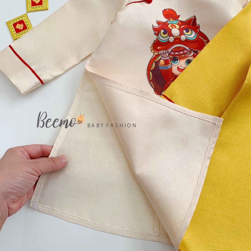 Áo dài Tết cho bé Beemo, Chất liệu tasta nhũ, quần lụa bóng, họa tiết chú lân B095