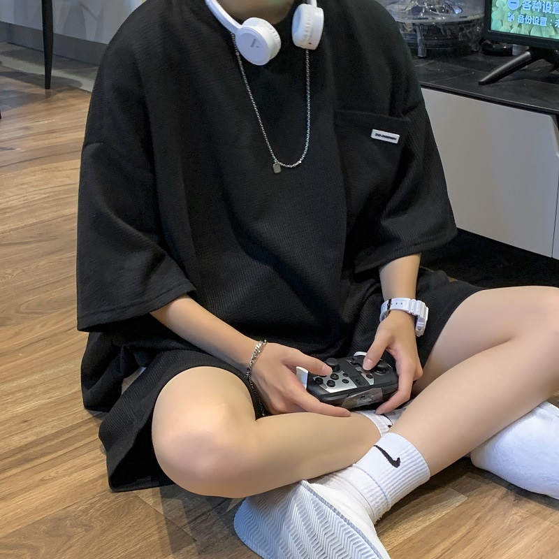 Set đồ thể thao 2 món gồm áo thun tay ngắn phối quần short dáng rộng kiểu Hồng Kông thời trang đường phố mùa hè cho nam