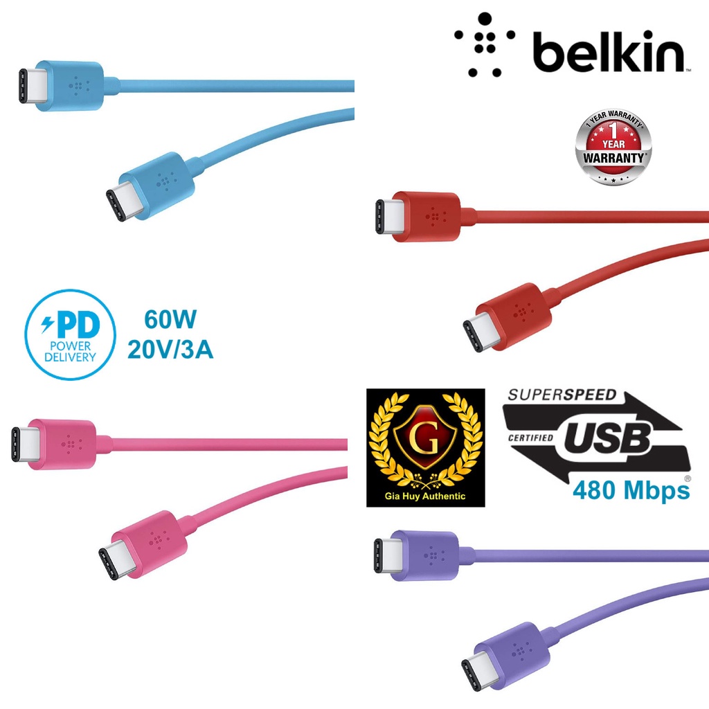 Cáp sạc nhanh BELKIN F2CU041bt06 MIXIT↑™ USB-C™ to USB-C PD 60W chiều dài 1.8m
