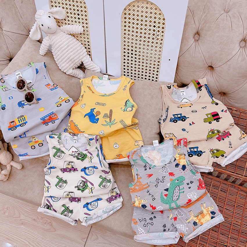 Bộ Quần Áo 3 Lỗ Cho Bé Vải Cotton In Hình Ô tô Khủng Long Máy Bay Dễ Thương Cho Bé Từ 8-19kg Mã BL19