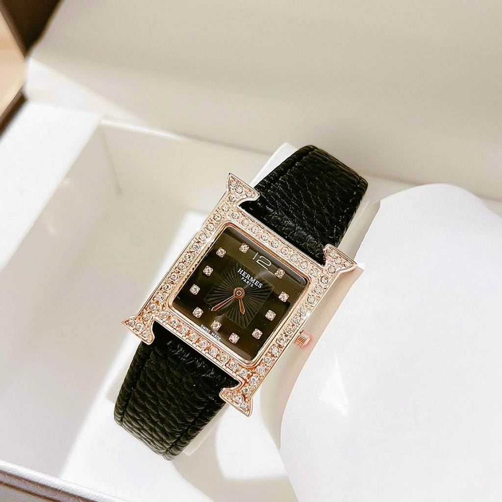 Đồng hồ nữ Hermes mặt chữ H đính đá dây da mềm cao cấp sang trọng, chống nước, bảo hành 12 tháng