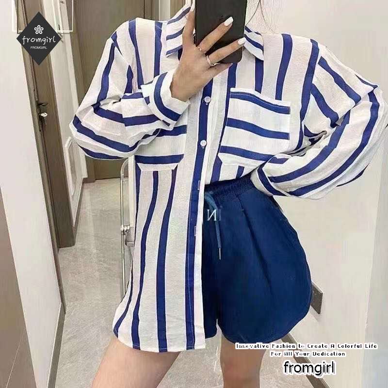 Áo Sơ Mi Tay Dài Kẻ Sọc Thời Trang Mùa Hè Cho Nữ